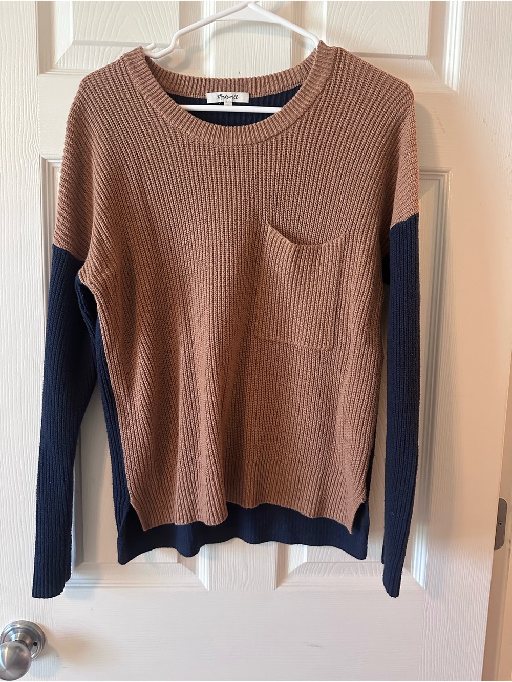 Madewell Colorblock Ribbed Sweater Small Camel Navy Pocket Oversized